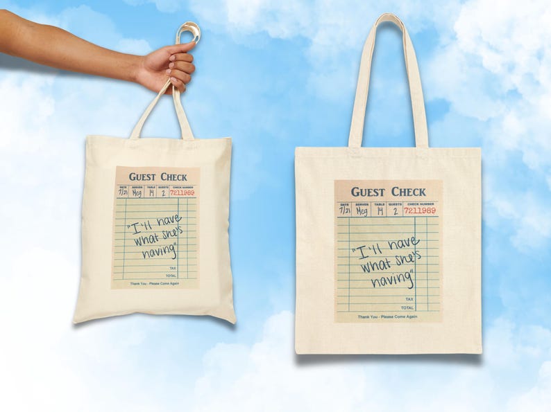 I'll Have What She's Having Rom Com When Harry Met Sally Tote Bag Guest Check Print Gift for Film Enthusiasts Meg Ryan Billy Crystal Cotton Canvas Tote