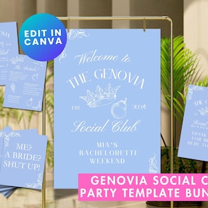 Puede incluir: Un paquete de plantillas de fiesta imprimibles para una despedida de soltera. El tema es "The Genovia Social Club" y presenta un fondo azul claro con texto blanco e ilustraciones. El texto incluye "Bienvenido a The Genovia Social Club", "Est. 2004", "Fin de semana de despedida de soltera de Mia" y "¡Gracias por estar aquí hoy!"