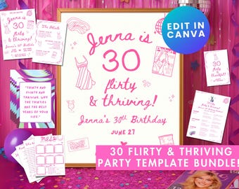 Thirty Flirty Thriving 13 Going on 30 Birthday Party Digital Bundle Editable Canva Template Party Invitation Y2K Jenna Rink Thirtieth Decor