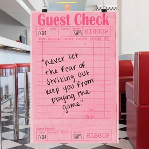Never Let the Fear of Striking Out Cinderella Story Guest Check Poster Diner Girl Y2K Wall Art Inspirational Poster Motivation Movie Quote