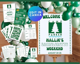 Plantilla editable de Canva para despedida de soltera en Camp Walden Fiesta de trampa para padres en Camp Walden Tema de campamento personalizado vintage Costumbres de Bach Años 90
