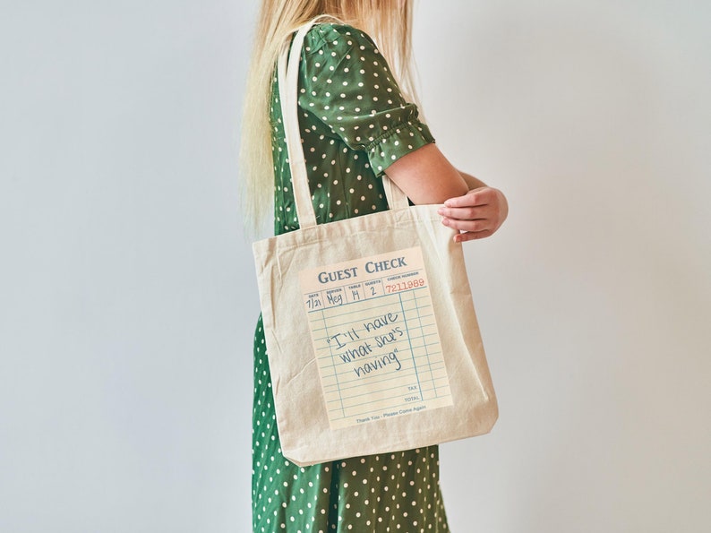 I'll Have What She's Having Rom Com When Harry Met Sally Tote Bag Guest Check Print Gift for Film Enthusiasts Meg Ryan Billy Crystal Cotton Canvas Tote
