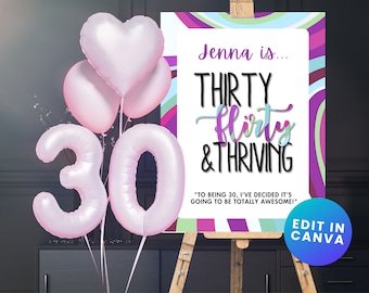30 Flirty & Thriving Editable 30th Birthday Party Welcome Sign - 13 GOING ON 30- Digital Download- Canva Template