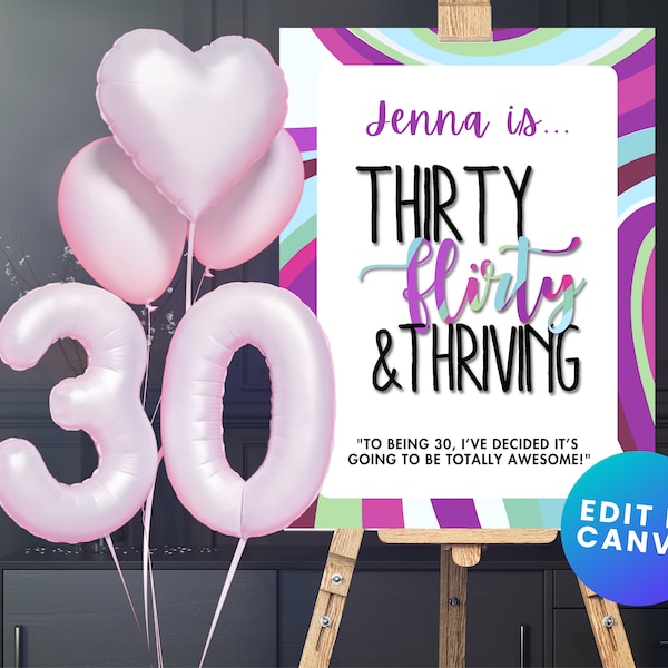 30 Flirty & Thriving Editable 30th Birthday Party Welcome Sign - 13 GOING ON 30- Digital Download- Canva Template