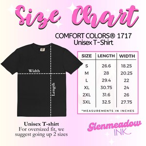 May include: Size chart for a unisex t-shirt with measurements in inches. The chart shows the length and width of the shirt in sizes S, M, L, XL, 2XL, and 3XL. The text "COMFORT COLORS&reg; 1717 Unisex T-Shirt" is at the top of the chart.