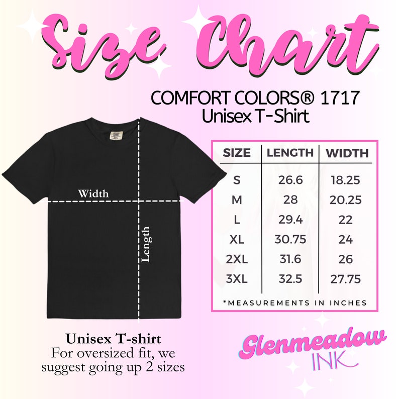 May include: Size chart for a unisex t-shirt with measurements in inches. The chart shows the length and width of the shirt in sizes S, M, L, XL, 2XL, and 3XL. The text "COMFORT COLORS&reg; 1717 Unisex T-Shirt" is at the top of the chart.