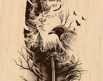 Peut inclure: Une illustration en noir et blanc d'une plume avec une scène de forêt et un corbeau à l'intérieur. La plume est détaillée avec des lignes et des ombres complexes.