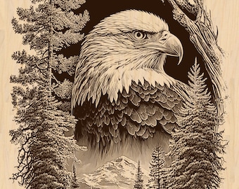Eagle Laser Engraving Design, Mountain and Forest Eagle Illustration, Rustic Wildlife Wall Art, Nature-Inspired Decor, PNG File