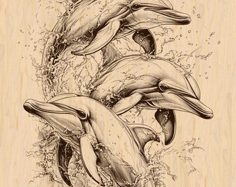 Dolphin Trio Laser Engraving File, Wildlife Ocean Art, Detailed Dolphins PNG, Instant Digital Download, Laser Ready