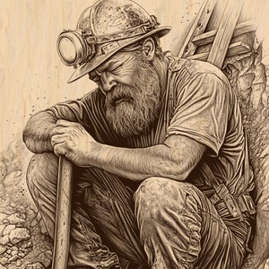 Miner Laser Engraving File: Rustic Coal Mining Art (PNG & JPEG Digital Download)