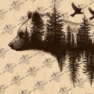 Bear Forest Laser Engraving Design: Rustic Nature Wall Art (PNG, JPEG)