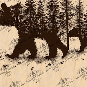 Bear Family Laser Engraving File: Rustic Woodland Design (PNG & JPG)