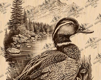 Duck Laser Engrave File, PNG & JPEG Included, Rustic Mountain River Scene, Wildlife Design, Instant Digital Download