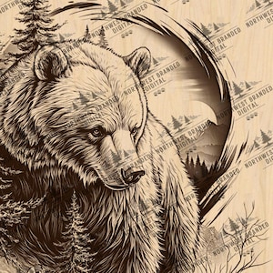 Bear Laser Engraving Design: Wildlife Mountain Scene (Digital Download)