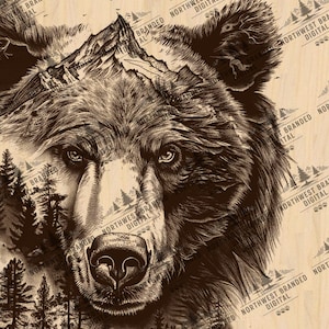 Grizzly Bear Laser Engraving: Woodland Scene Nature Art (Digital Download)