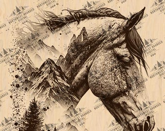 Horse and Mountain Laser Engraving, Nature Wildlife Art, Detailed Horse Design PNG, Instant Digital Download, Laser Ready