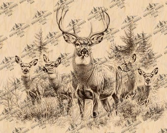 Whitetail Buck and Does Laser Engrave File, Wildlife Deer Scene PNG, Instant Digital Download, laser engrave-Ready Design
