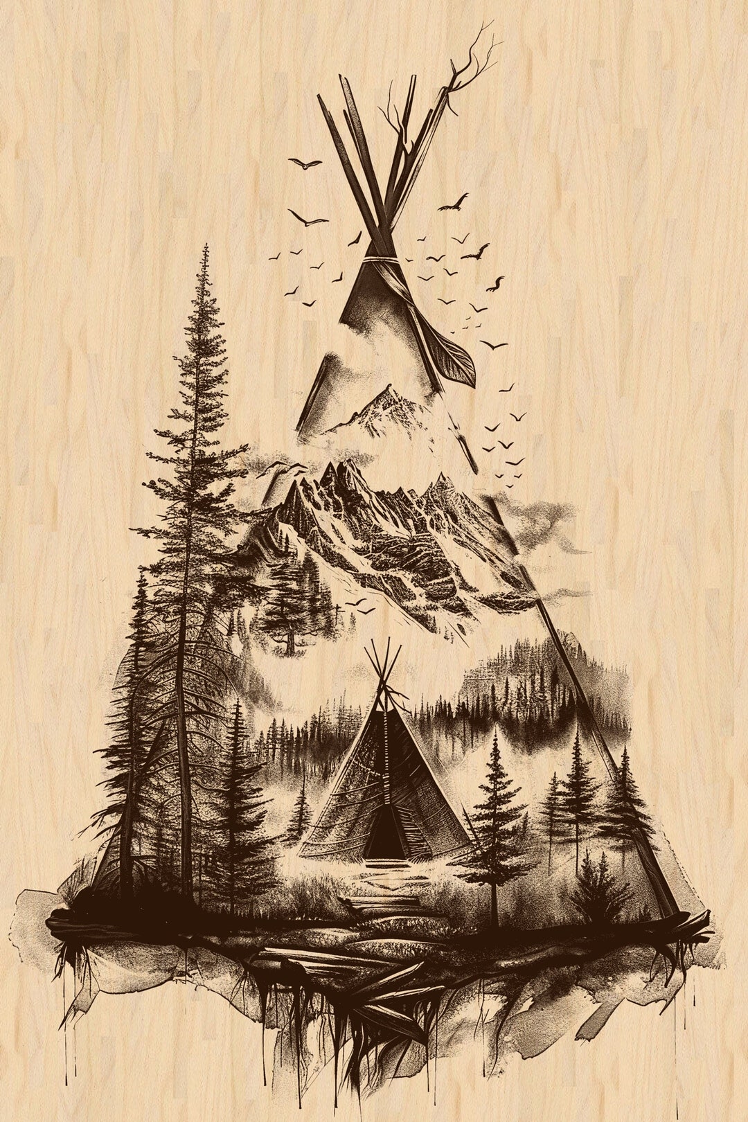 Teepee Laser Engrave File, Mountain and Forest Art, Tribal Lodge
