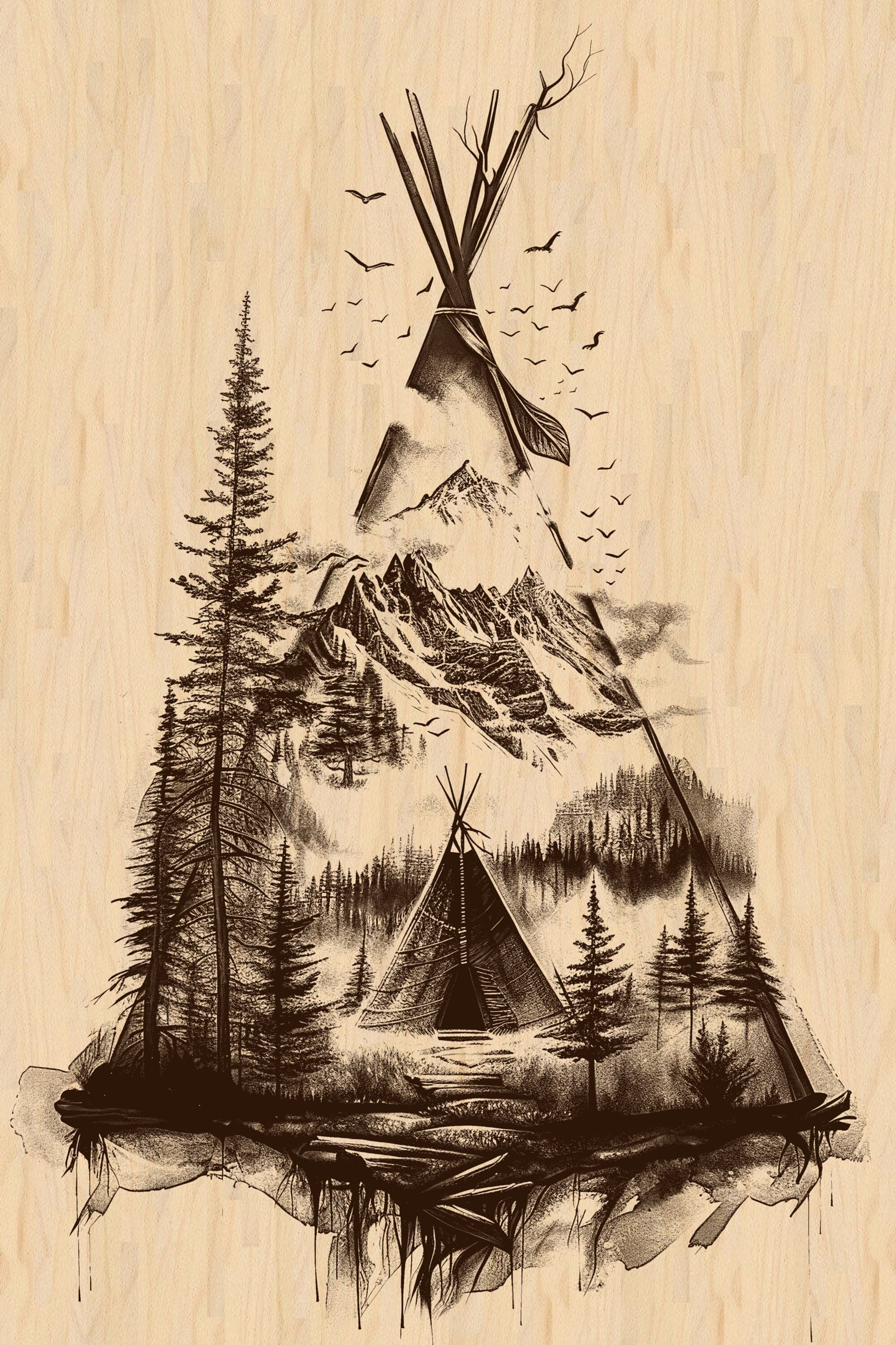 Teepee Laser Engrave File, Mountain and Forest Art, Tribal Lodge