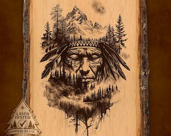 Tribal Chief Double Exposure Laser Engraving File: Mountain Forest Design (Digital Download)