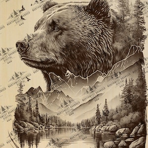 Grizzly Bear Mountain Laser Engraving: Wildlife Art (Digital Download)
