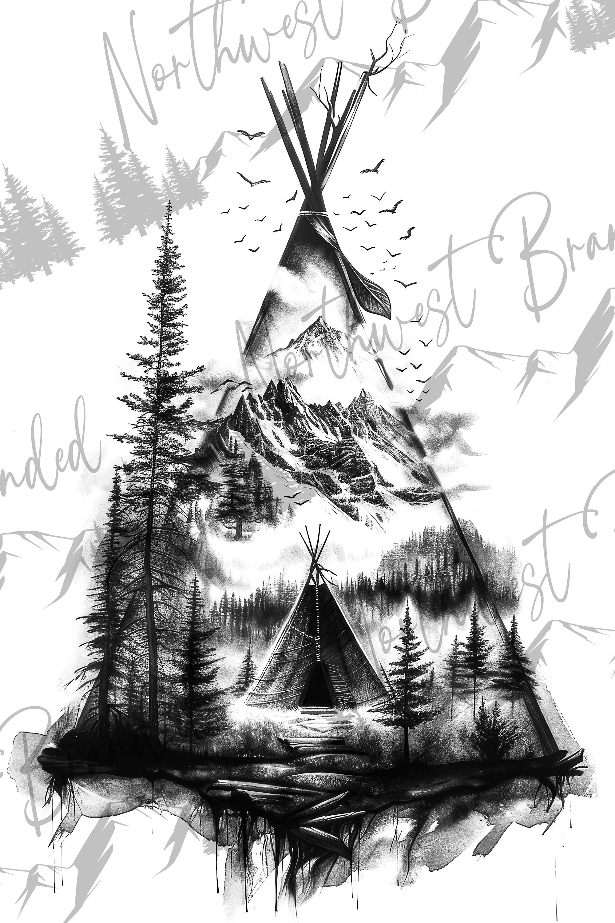 Teepee Laser Engrave File, Mountain and Forest Art, Tribal Lodge
