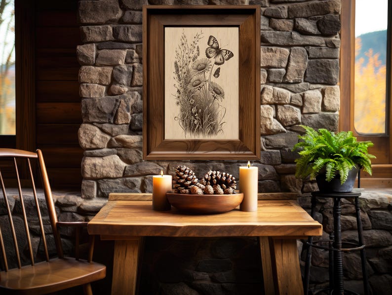 Butterfly and Wildflowers Laser Engraving, Nature Art, Detailed Floral