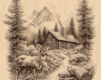 Rustic Cabin & Deer Laser Engraving File: Wildlife Mountain Scene (Digital Download)