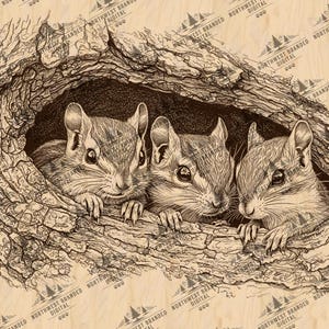 May include: A detailed black and white illustration of three chipmunks peeking out from a tree hollow. The chipmunks have detailed fur and expressive eyes, adding a touch of realism to the artwork. The image is set against a light wood grain background.