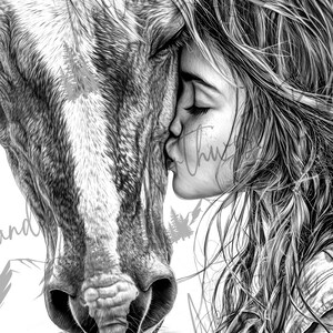 May include: A black and white drawing of a girl with long hair kissing a horse on the nose. The girl is wearing a denim jacket and the horse has a white stripe on its face.