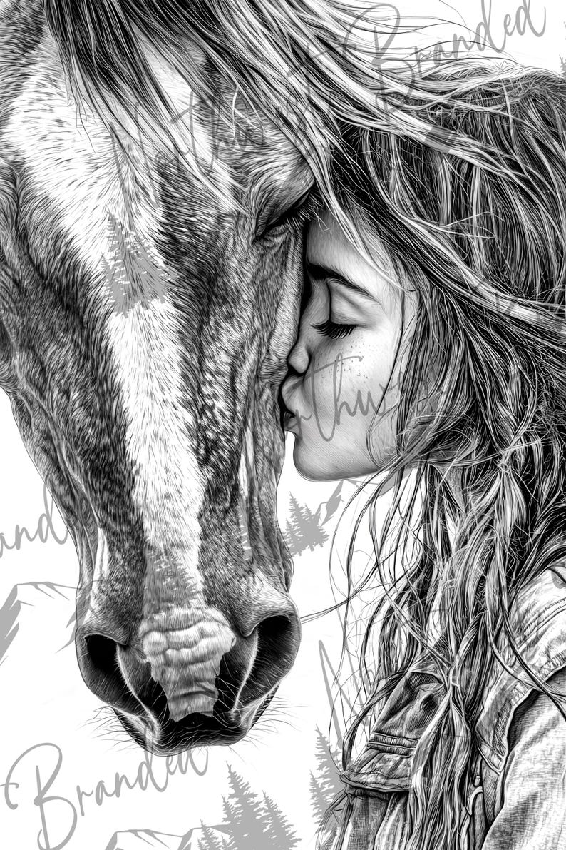 May include: A black and white drawing of a girl with long hair kissing a horse on the nose. The girl is wearing a denim jacket and the horse has a white stripe on its face.