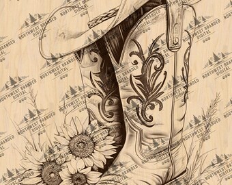 Cowgirl Boots & Hat Laser Engraving File: Western Sunflower (Digital Download)