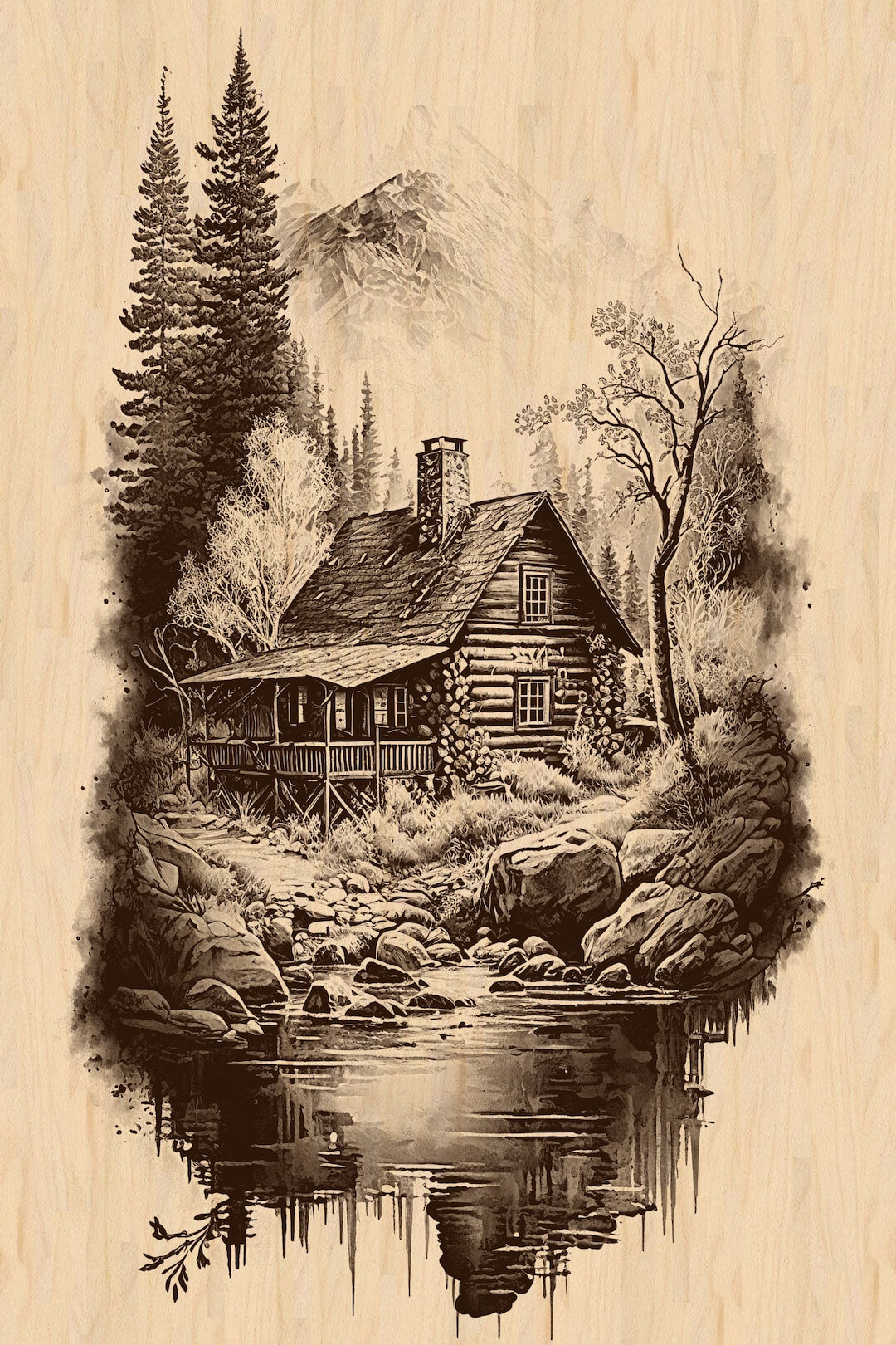 Laser Burn PNG Cabin River Engrave Laser Ready Digital Design File