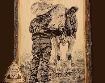 Cowboy and Calf Laser Engraving File, Western Farm Scene Art PNG, Rustic Ranch Download
