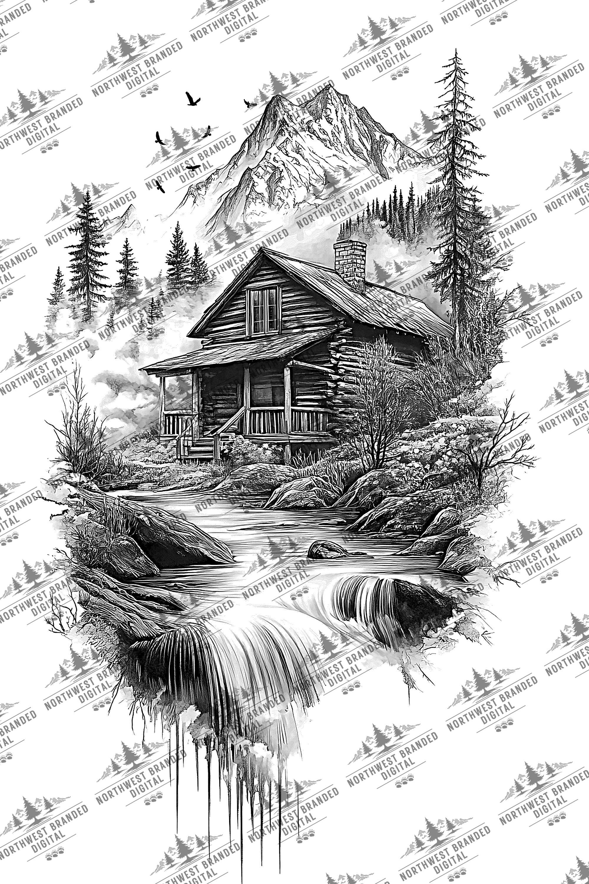 Cabin Laser Engraving File: Mountain River Lodge Design (PNG, JPEG
