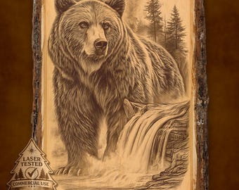 Grizzly Bear Waterfall Laser Engraving PNG, Northwest Wildlife Art