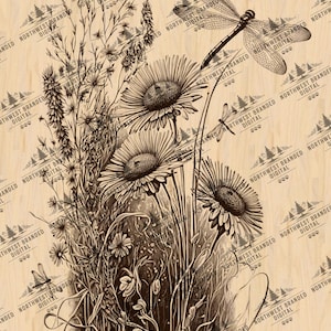 Dragonfly Wildflower Laser Engraving File: Floral PNG JPEG (Digital Download)