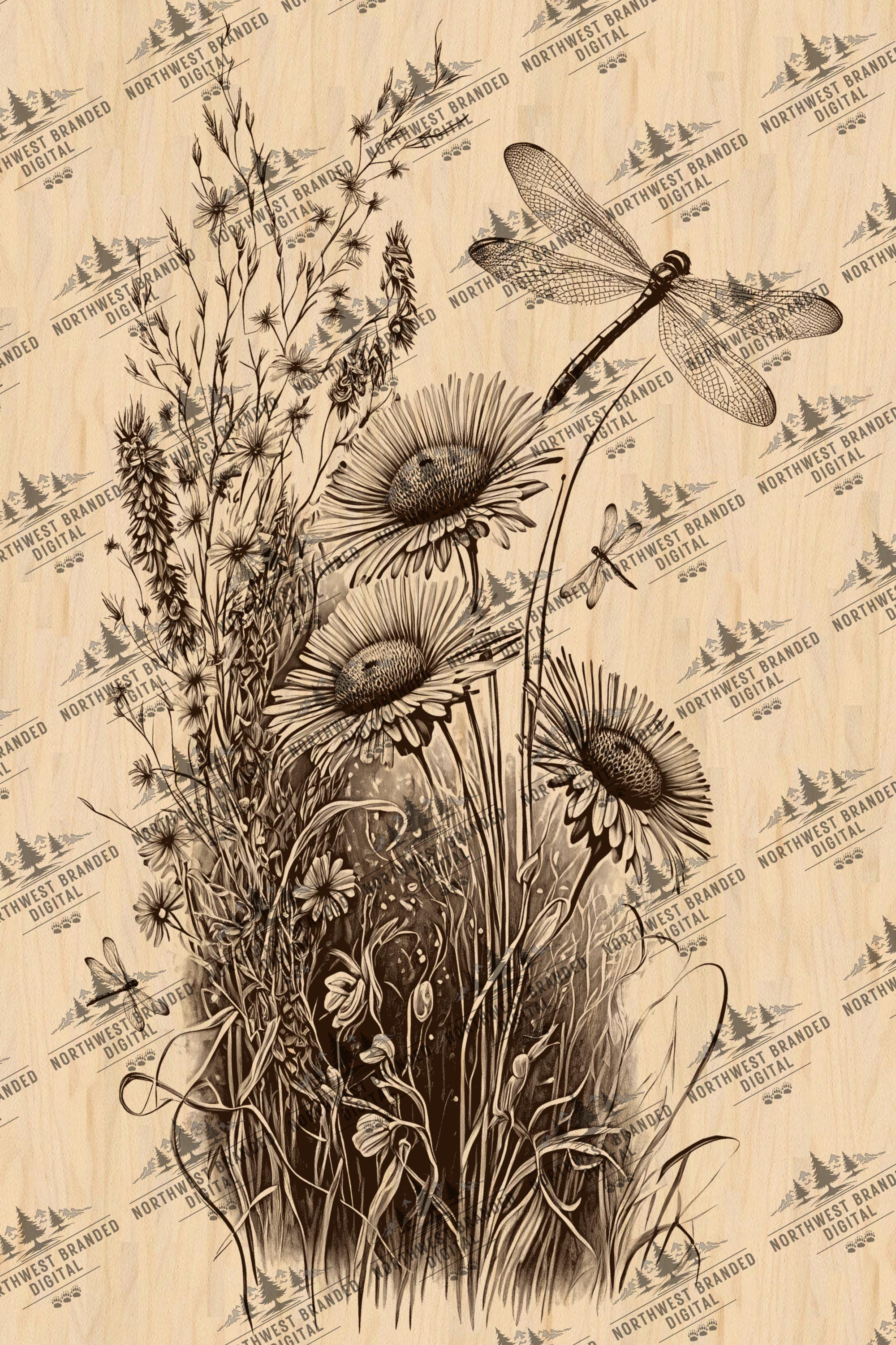 Dragonfly Wildflower Laser Engraving File: Floral PNG JPEG