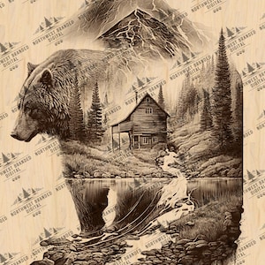 Bear Mountain Cabin Laser Engraving File: Wildlife Art (Digital Download)