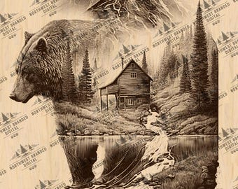 May include: A brown bear silhouette with a mountain, cabin, and river scene inside. The scene is surrounded by trees and a lake. The image is in a woodgrain background with the text "Northwest Branded Digital" repeated throughout.