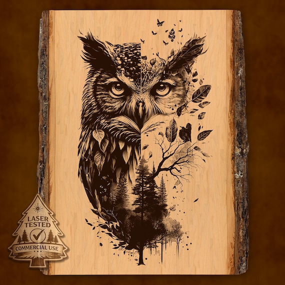 Owl Laser Engraving File, Forest Owl PNG, Wildlife Wood Burn Design, Rustic Cabin Decor, Double Exposure Owl Art, Commercial Use