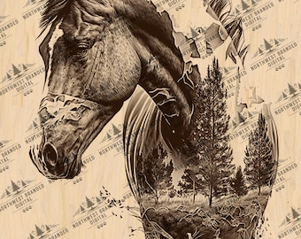 May include: Sepia-toned illustration of a horse's head with a landscape scene inside. The horse's head is detailed with a white blaze and bridle. The landscape features trees and a grassy area. The background has a repeating pattern of trees and text.
