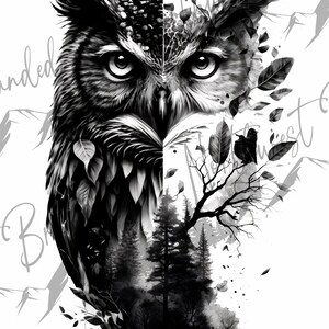 May include: Black and white illustration of an owl with a forest scene. The owl's face is split, with one side detailed and the other side transitioning into leaves, butterflies, and a forest landscape. The image has a nature theme.