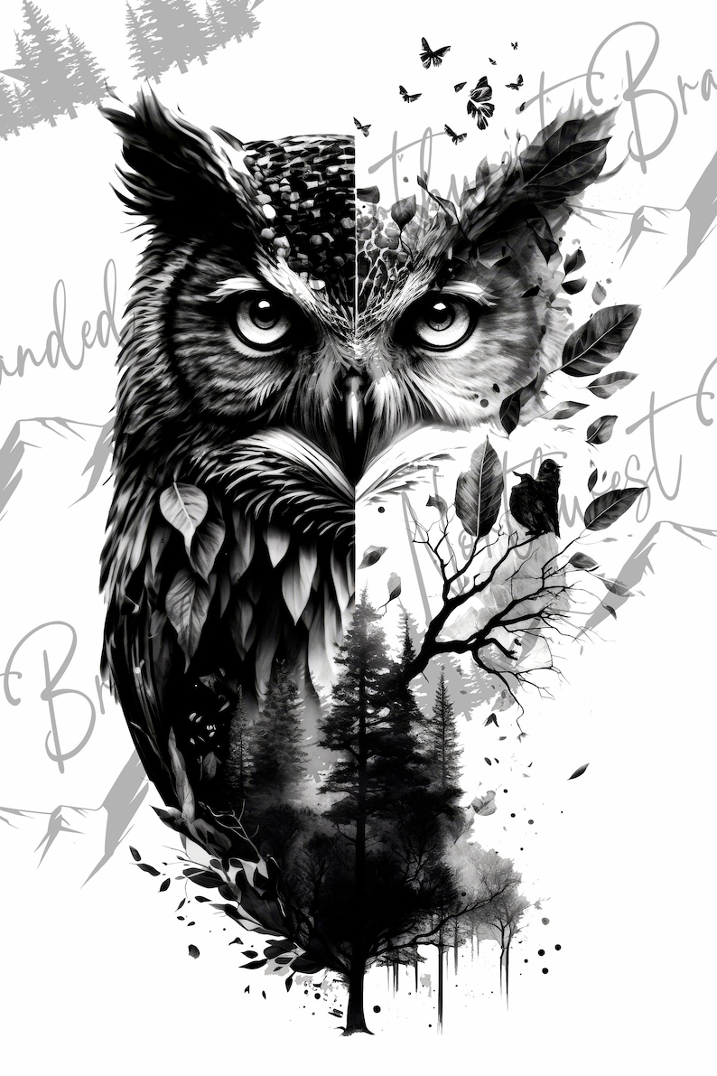 May include: Black and white illustration of an owl with a forest scene. The owl's face is split, with one side detailed and the other side transitioning into leaves, butterflies, and a forest landscape. The image has a nature theme.