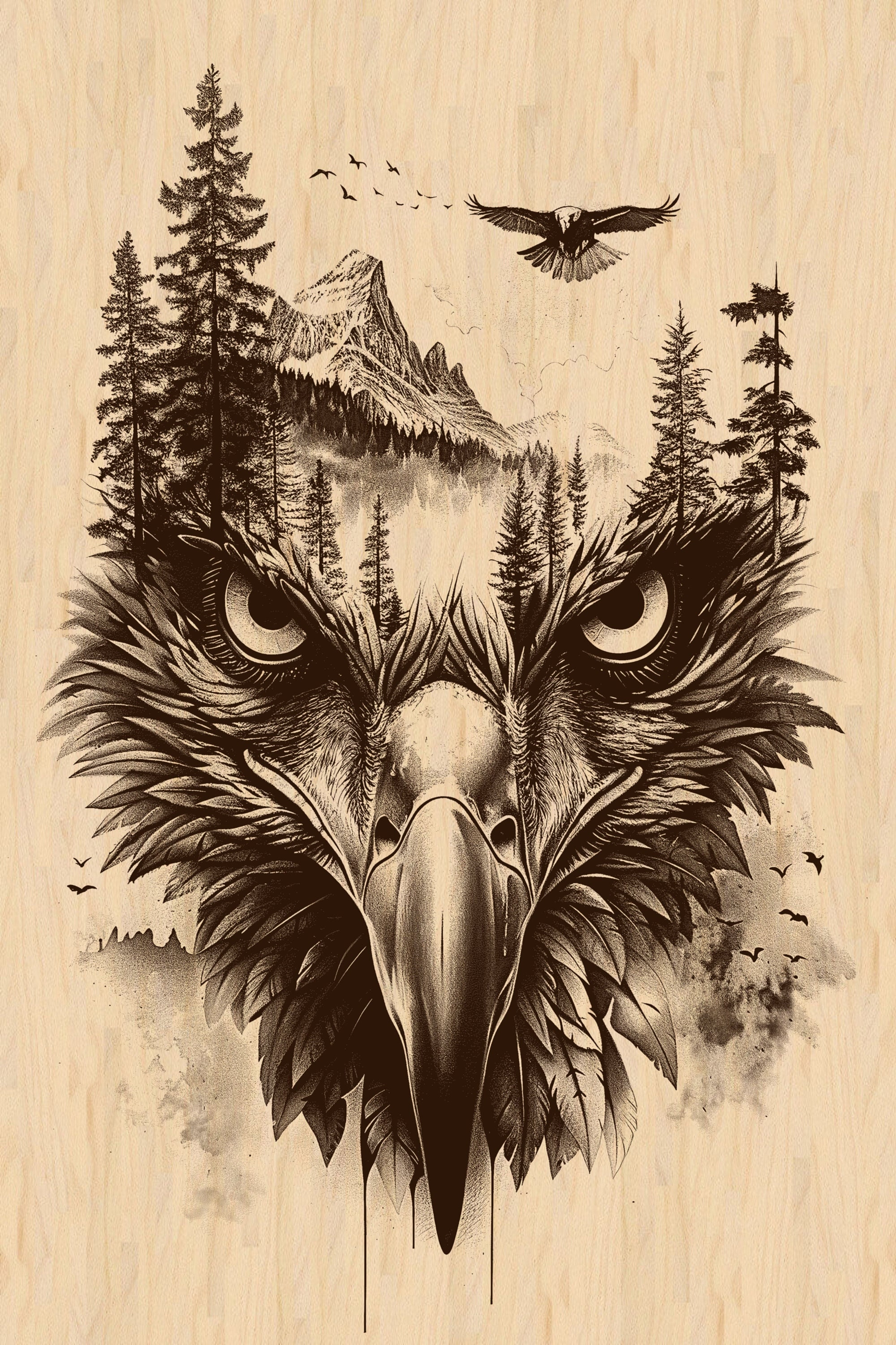 Eagle Laser Engrave File, Mountain and Forest Art, Wildlife Nature Design, Rustic Wall Decor, Digital Download, Laser Ready File, PNG, JPG