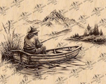 Archivo de grabado láser de pescador: Escena de pesca rústica PNG JPEG (Descarga digital)
