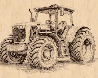 Può includere: Un disegno in bianco e nero di un trattore grande e potente con cabina e ruote grandi. Il trattore è su uno sfondo di legno.