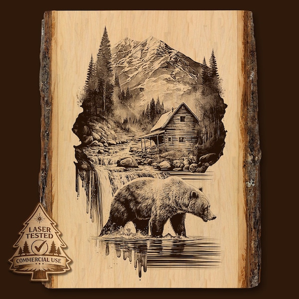 Bear and Cabin Laser Engraving: Mountain Scene PNG (Digital Download)