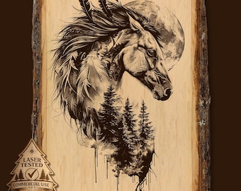 May include: A wood-burned art piece featuring a horse's profile with feathers in its mane, a full moon, and a forest scene. The artwork is on a rectangular wooden slab with a natural bark edge. The text "LASER TESTED COMMERCIAL USE" is visible.