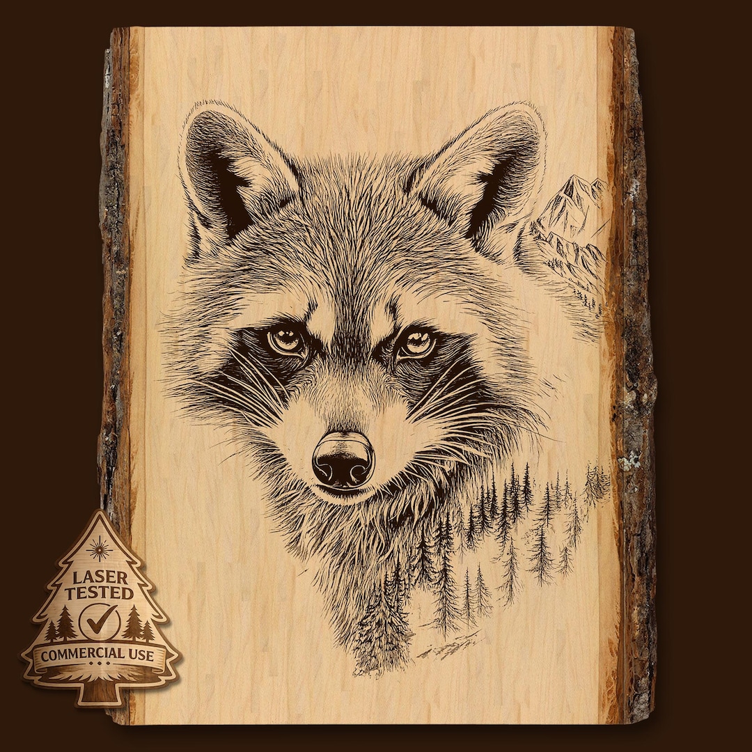 Raccoon Laser Engraving Design: Mountain Forest Wildlife Art (PNG